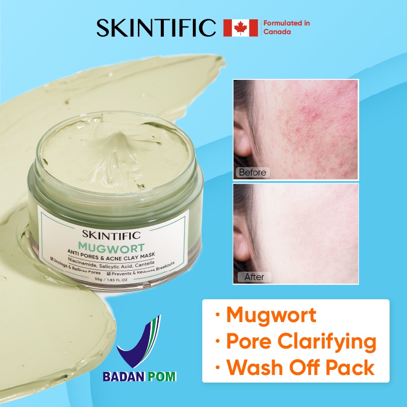 SKINTIFIC Mugwort Anti Pores&amp;Acne Clay Mask - Niacinamide Centella mask wajah pore clarifying 55 Gr