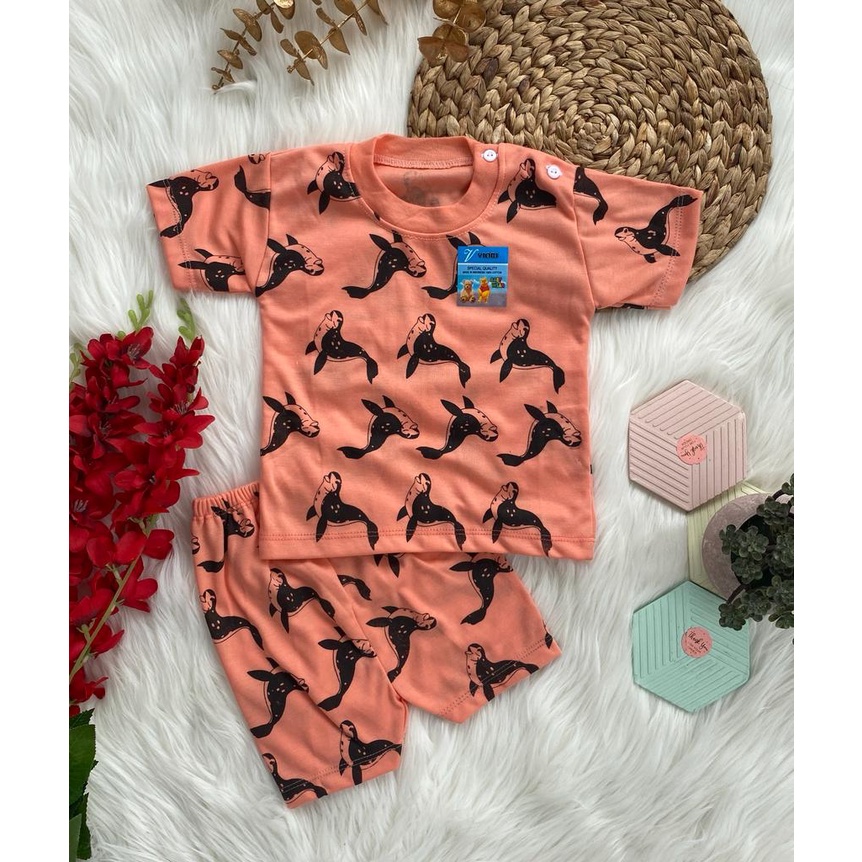 stelan baju anak lucu murah motif singa laut PENDEK 3-18 bulan (ONE SIZE)