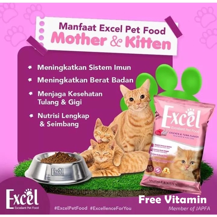 Excel Mother and Kitten Freshpack Free Vitamin 500Gr Makanan Kucing Ibu dan anak