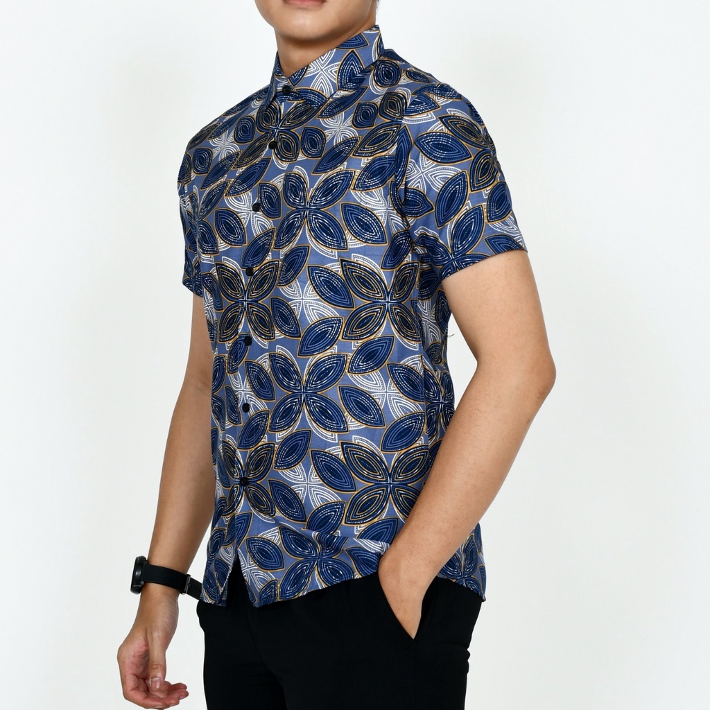 New Premium Baju Kemeja Batik Pria Slimfit Lengan Pendek 1860 Biru