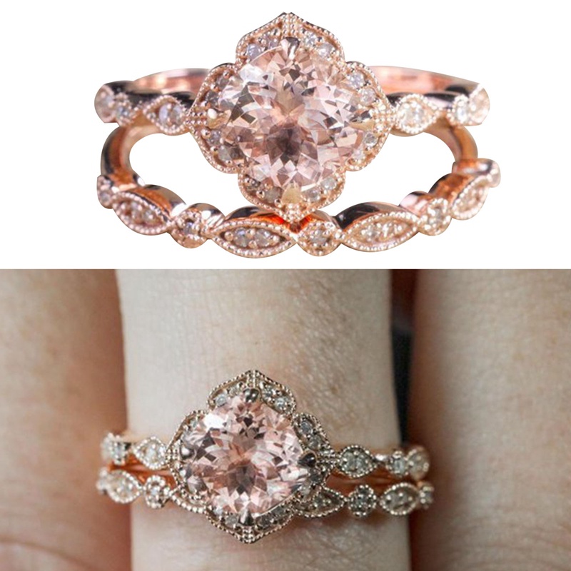 Fancyqube 2pcs / Set Cincin Zirkon Alami Warna Rose Gold Ukuran 6-10 Untuk Pengantin Wanita