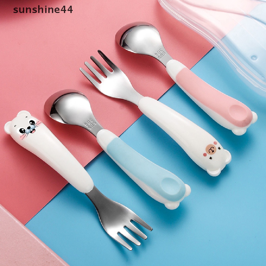 Sunshine Set Sendok + Garpu Portable Bahan Stainless Steel 304 Motif Kartun Untuk Anak