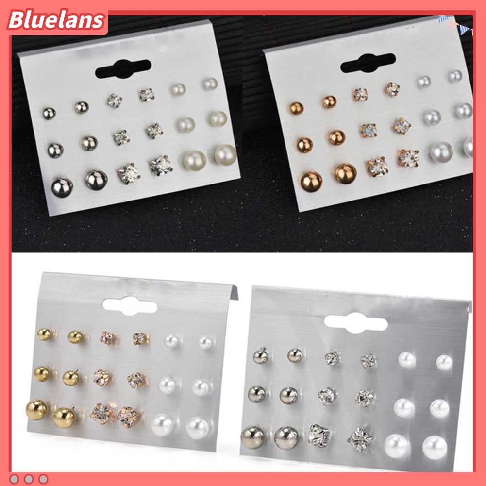 6 / 9 / 12 Pasang Anting Stud Mutiara Berlian Imitasi Untuk Wanita