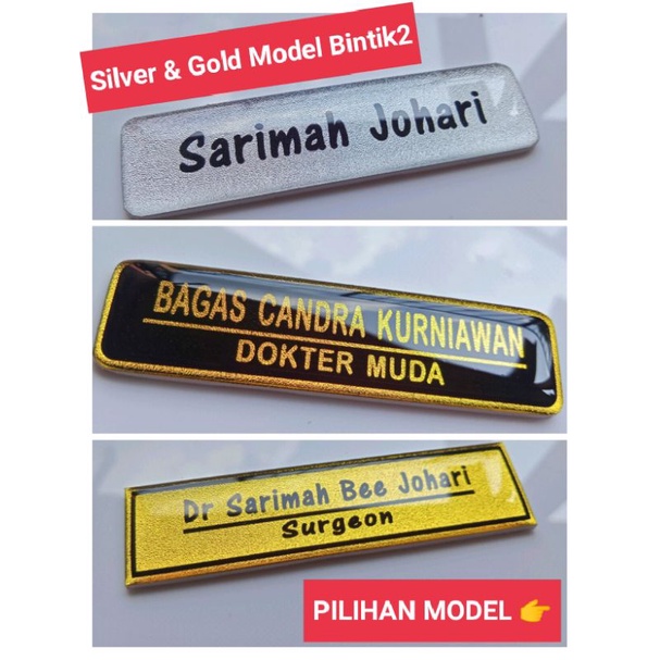 Name Tag Silver &amp; Gold Model Bintik Bintik Bintang, Pengait Peniti &amp; Magnet