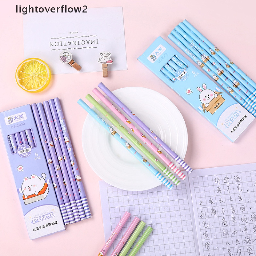 (lightoverflow2) 6pcs / Set Pensil HB Motif Kartun Lucu Untuk Stationery Anak / Sekolah / Kantor