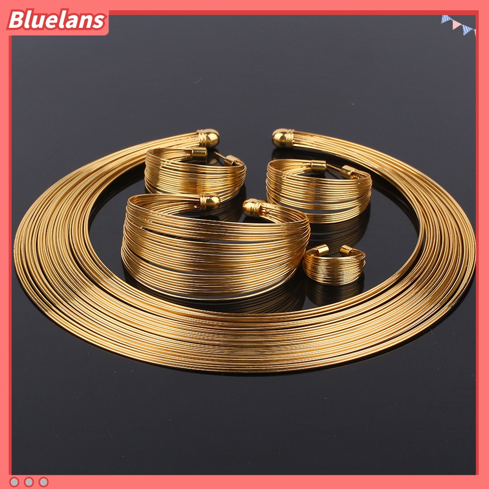 Bluelans 4 Pcs / Set Perhiasan Kalung Anting Gelang Cincin Bentuk Lingkaran Gaya Nigeria Untuk Pengantin