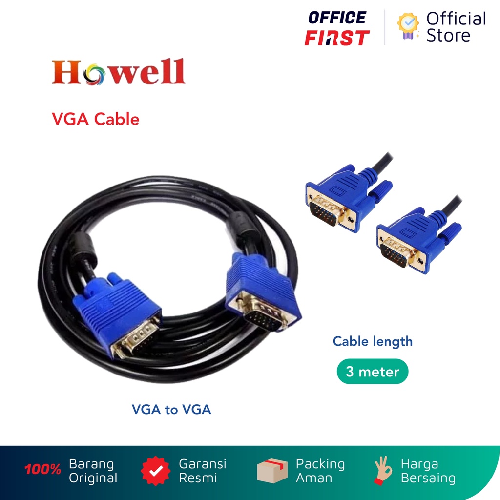 Howell VGA Cable VGA to VGA Kabel Konektor 3 Meter 3m M