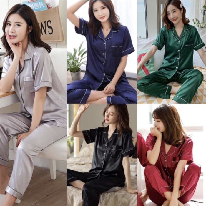 Baju Tidur Remaja Polos Satin Import Set Celana Panjang Size L-Xl [ Cuci Gudang