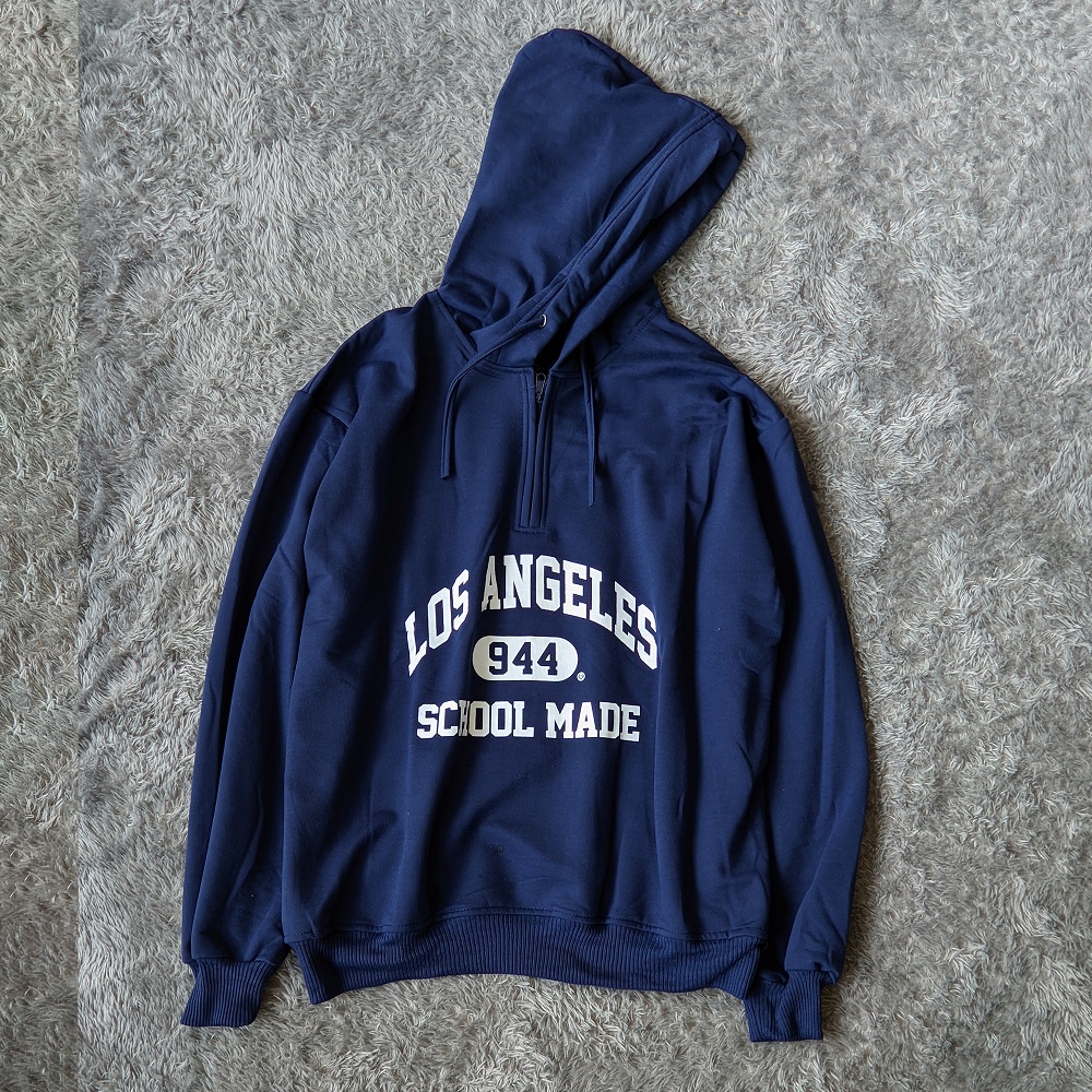 Sweater Hoodie Half Zipper Los Angeles - Hodie Wanita Dan Pria Oversize - Bahan Fleece - Size L - XL - XXL Terlaris