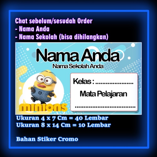 

Stiker Label Buku Minion Minions kuning kartun lucu Karakter Lucu Custom Lebel Nama cromo murah 20 Varian berbeda Sticker Pelajaran Mapel buku anak sekolah Vol 3