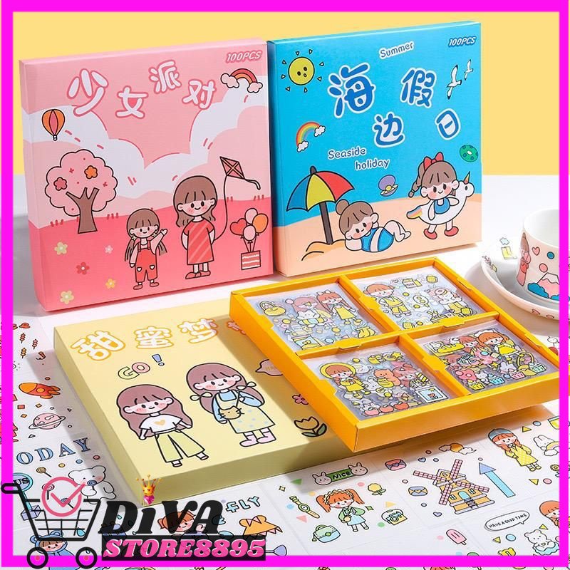 1 BOX ISI 100PCS STIKER 2D STICKER BOTOL MINUM 2D PLASTIK ANTI AIR / BUKU DIARY STIKER MOTIF / STICKER ANTI AIR DIVA STORE