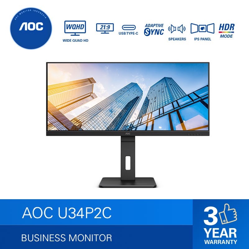 Monitor LED AOC U34P2C IPS 34inch 2K WQHD 75Hz 4ms 1440P 34&quot; USB-C