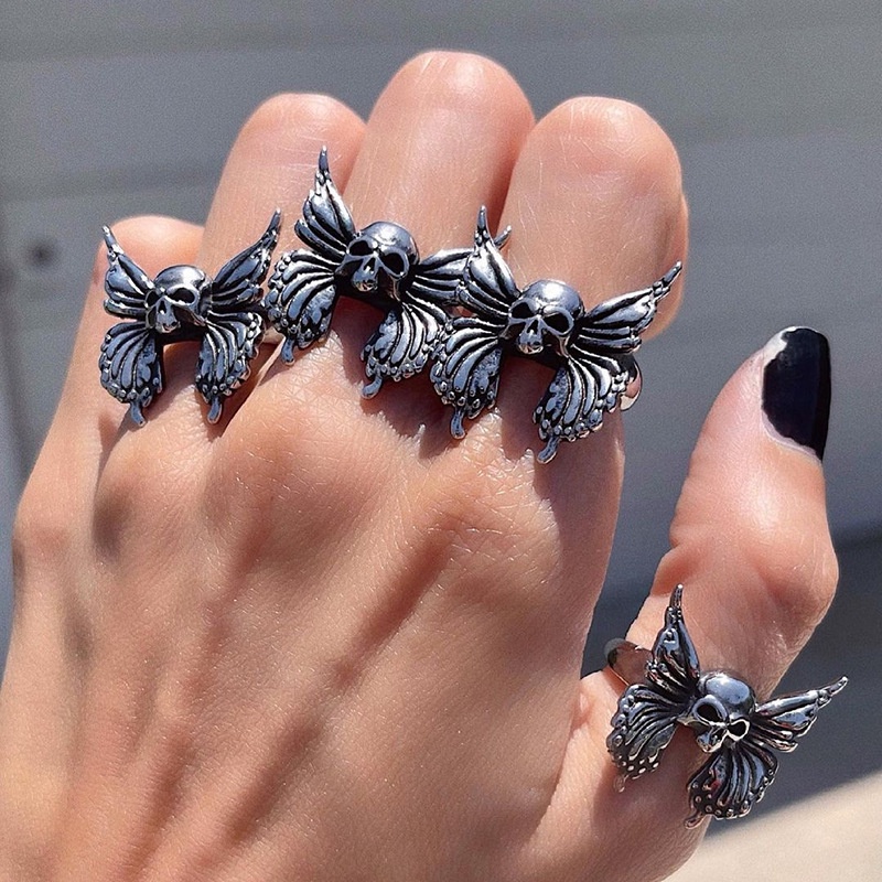 Cincin Jari Telunjuk Desain Tengkorak butterfly Gaya punk retro Eropa Amerika Untuk Pria Dan Wanita