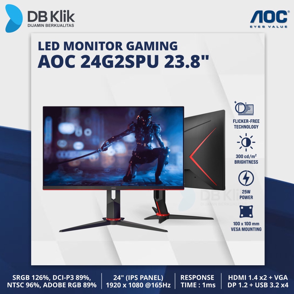 LED Monitor Gaming AOC 24G2SPU 23.8&quot; 165Hz FHD HDMI - AOC 24G2SPU/BX