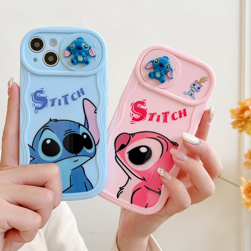 Soft Case yang Dapat Ditekan untuk IPhone 11 12 13 14 Pro Max 14 Plus Casing Penutup Ponsel Lucu Pasangan Merah Muda Biru Disney Stitch Girls Wanita Gadis Hadiah