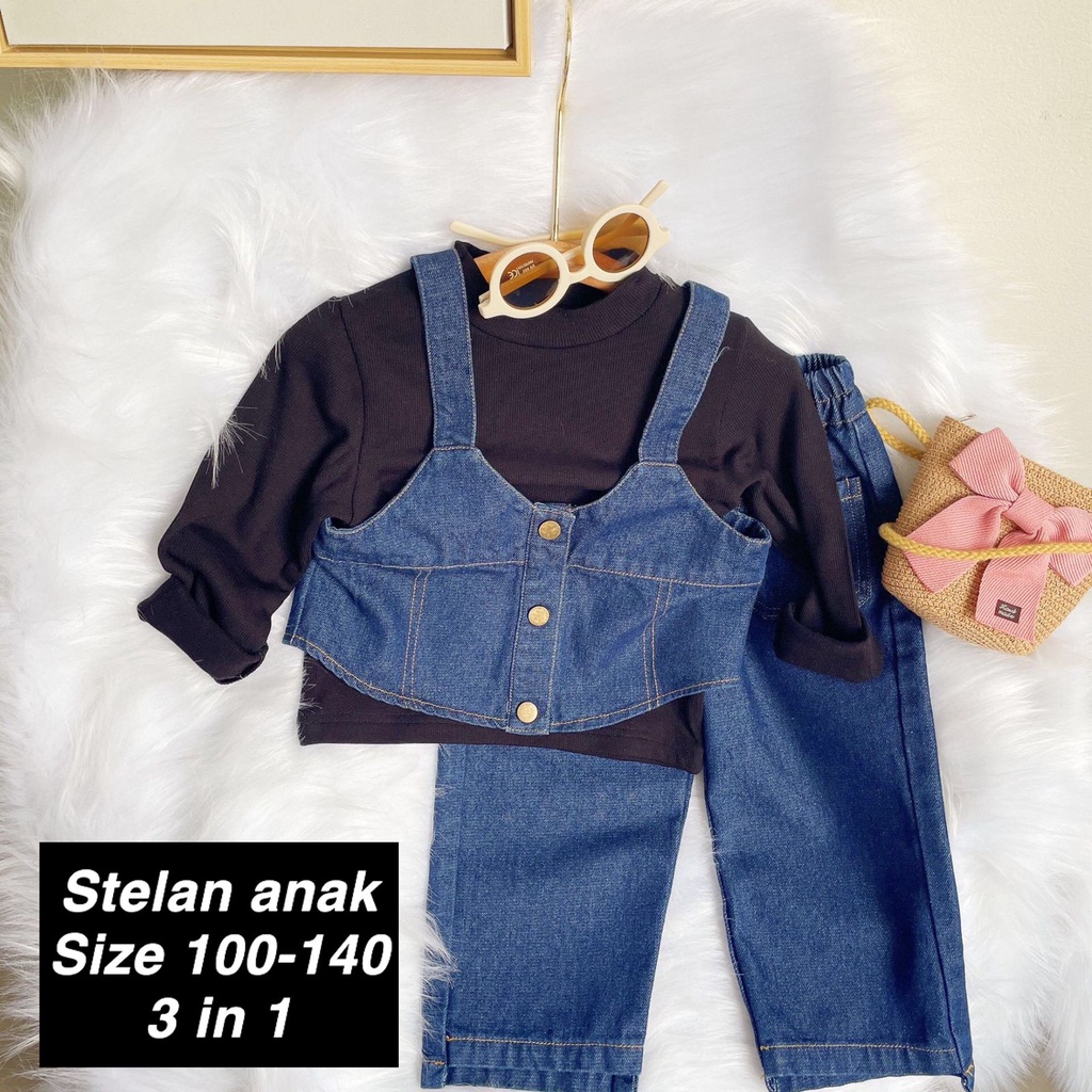 (LOLI-JKT) BS-337 3IN1 SETELAN ANAK INNER HTM ROMPI KULOT SIZE 100-140