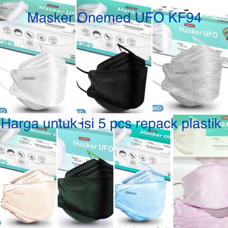 Masker Medis ONEMED UFO KF94 4 ply Earloop isi 5 pcs Warna HIjau Abu Cream Hitam Putih Original ada 