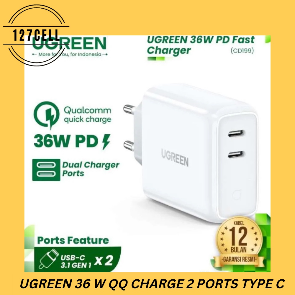 Kepala Charger 36 watt PD  MFI Qualcomm Quick Charge 3.0 2 Ports 2 Colokan Type-c Usb C Ugreen Kepala Adaptor Wall Charger