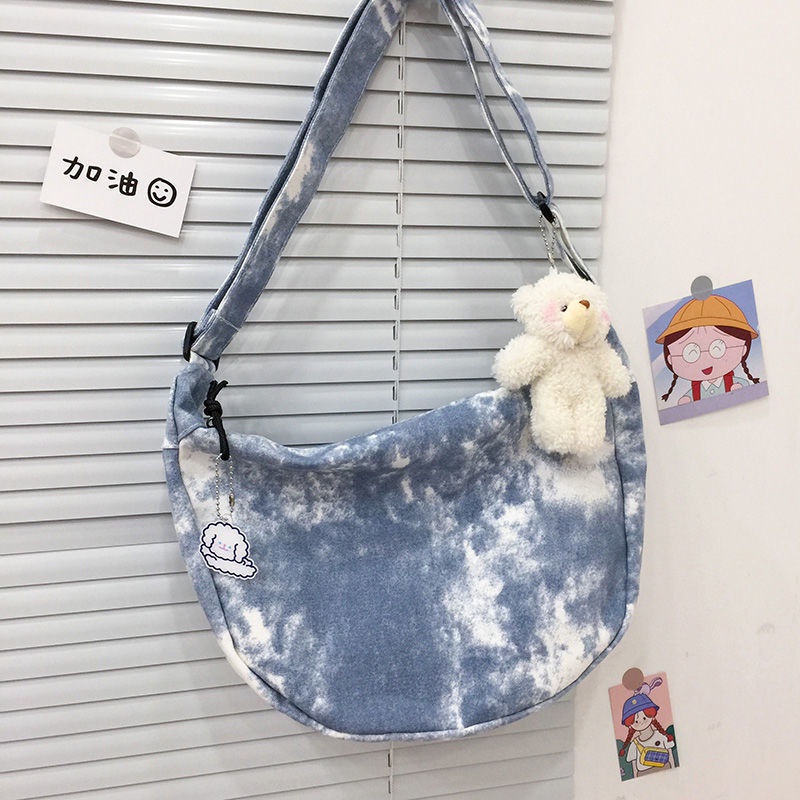 ◊Harajuku Jepang Chic Vintage Gadis Tie-Dye Lembut Gadis Tas Kanvas Versi Korea In Sederhana Messenger Tas Dumpling Bag