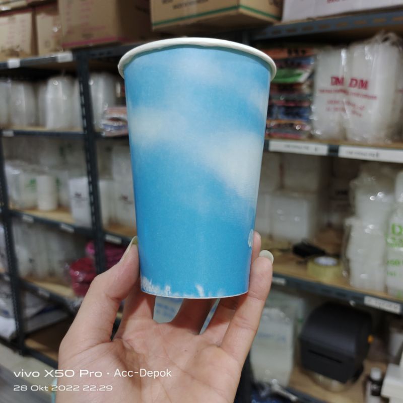 GELAS PAPER CUP MOTIF COOL + LID / GELAS KERTAS 16OZ + TUTUP ISI 50 SET