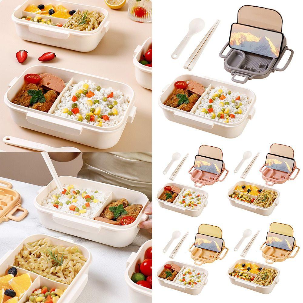 Preva Lunch Box Microwavable Dengan Sendok Sumpit Persegi Panjang Grid Wadah Makanan