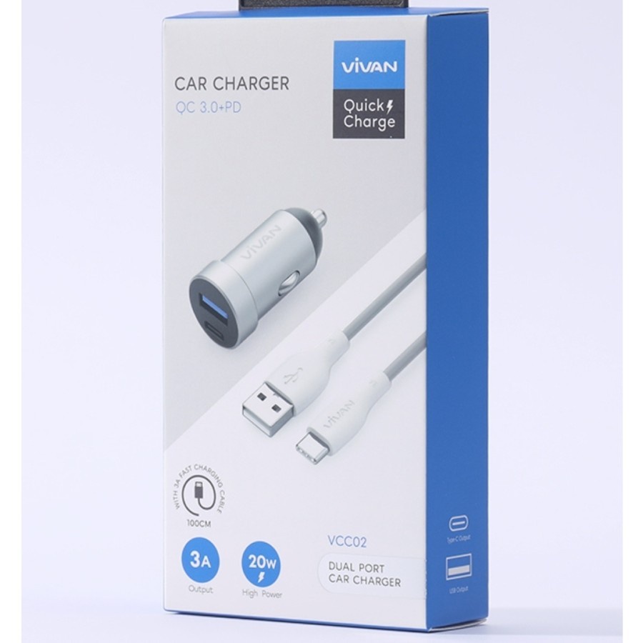 Vivan Car charger QC 3.0+PD VCC02 3A/20W Termasuk Kabel Type C 1 Meter