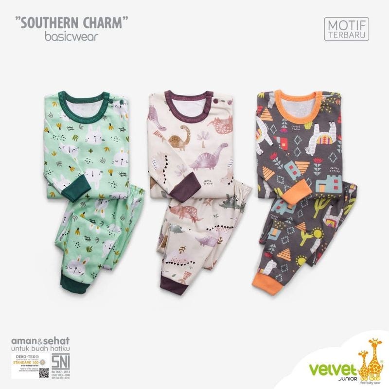 Velvet Junior 3 Setelan Panjang Oblong SML Baju Bayi Kacing Pundak Piyama Baby Baju Tidur Anak