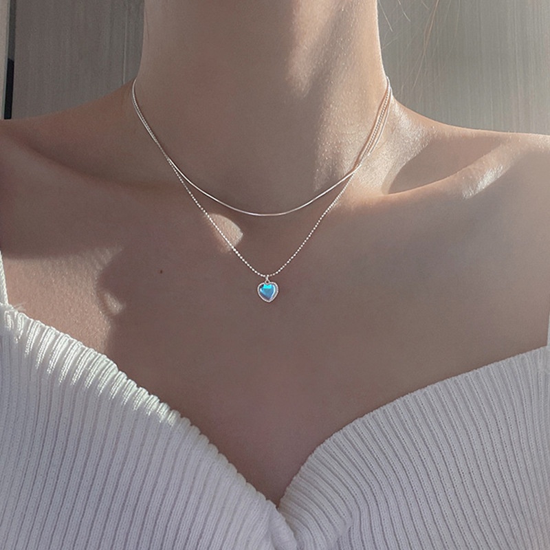 Kalung Rantai Klavikula Desain Batu Bulan Hati Model Lapis Ganda Gaya Jepang Dan Korea Untuk Wanita