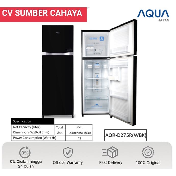 Aqua Kulkas 2 Pintu Inverter Low Watt AQR-D275R(WBK) + BOX ASI PROMO GARANSI RESMI