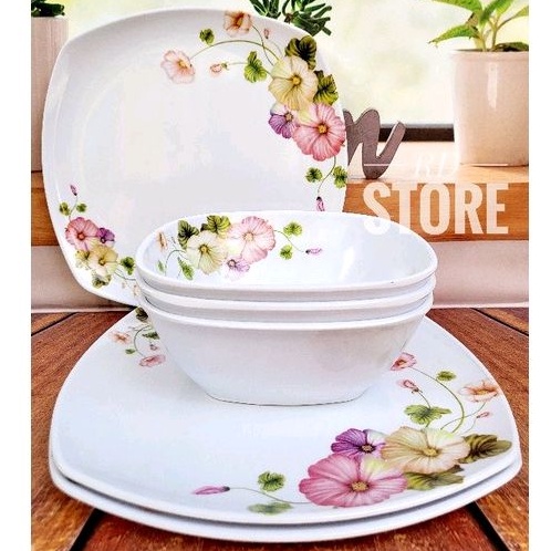 PROMO SET 6.PCS ISI 3.PIRING KOTAK SAJI 3.MANGKOK KOTAK  MELAMINE MOTIF ROSE