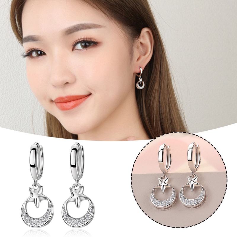 Anting Juntai Bentuk Bulan Bintang Bahan 925 Sterling Silver Untuk Wanita
