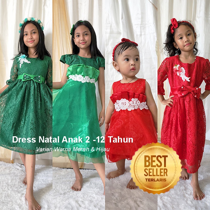 Dress Natal Anak Perempuan Import 4 5 Tahun Gaun Natal Anak Cewek Terlaris Warna Merah Marun Maroon Merah HatiWarna Hijau Botol