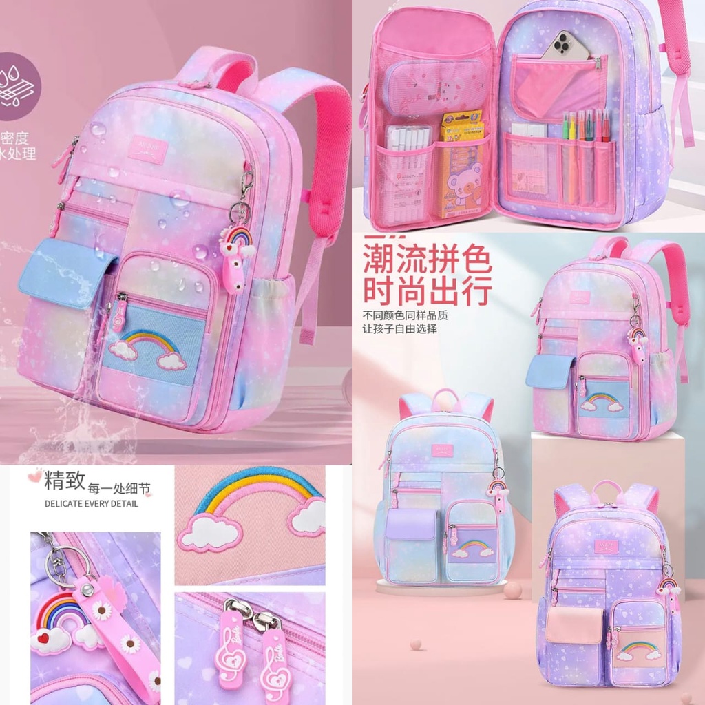 	 ( Mia ) TA008 Tas Sekolah Anak Perempuan Anti Air Model Pelangi Import, Tas Sekolah Anak Perempuan Cewek SD SMP SMA	