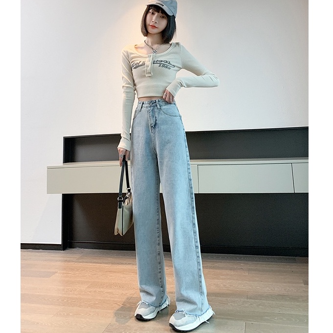 New biru muda celana jeans highwaist wanita korea celana jeans high waist wanita kulot