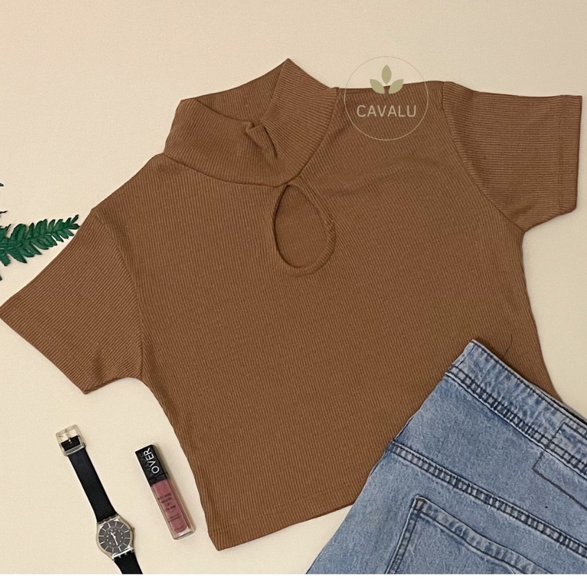 CAVALU Korean Sexy Crop Top Crop Tee Kaos Atasan Wanita Basic Top Knit 118