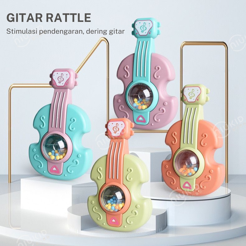 NIUKID MAINAN RATTLE TEETHER BENTUK GITAR KARTUN UNTUK EDUKASI DINI BAYI NEWBORN