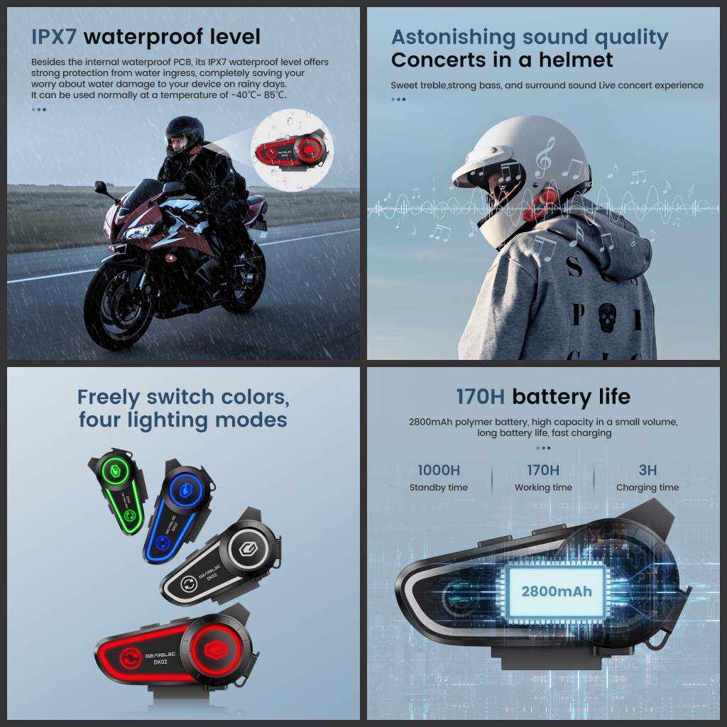 GEARELEC DK02 Helm Sepeda Motor Headset Bluetooth Headset Hands Free Call Kit IPX7 Tahan Air 2800mAh BT5.2 Headset Stereo Nirkabel dengan Waktu Siaga 1000 jam