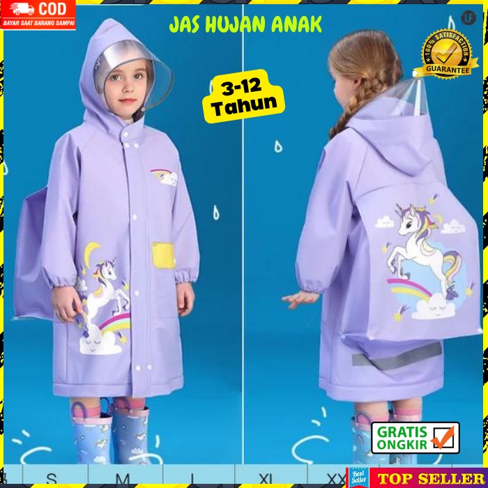 JAS HUJAN ANAK PEREMPUAN KOREA MANTEL MOTOR CEWEK RAINCOAT KIDS MOTIF UNGU UNICORN USIA 3-12 TAHUN WD2S