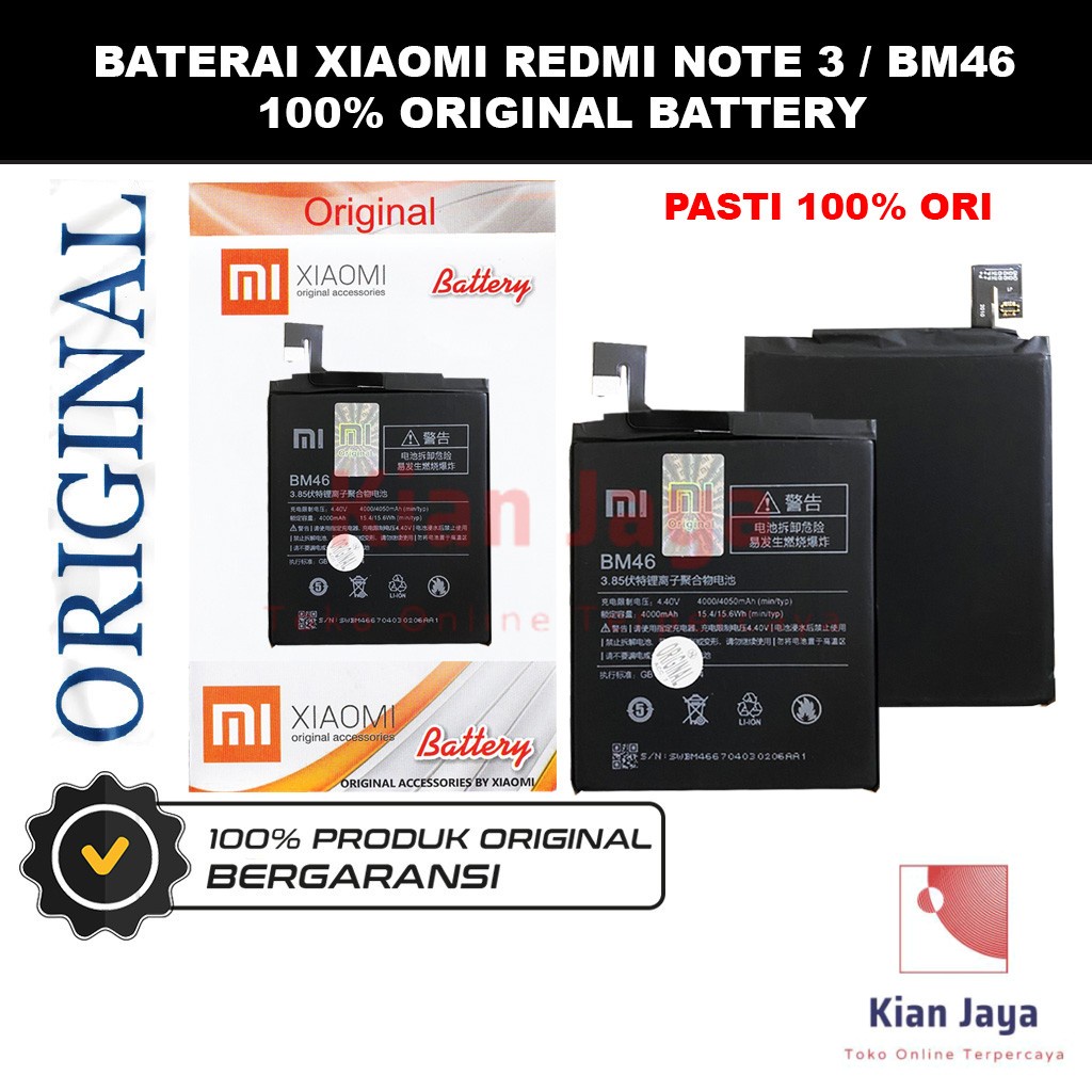 [Garansi 100% Ori] Baterai Xiaomi Redmi Note 3 / Xiaomi Redmi Note 3 BM46 Batre Battery Hp Xiao Mi BM 46 Original