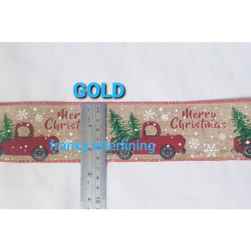 PITA NATAL MERRY CHRISMAS BAHAN KAIN GONI LIST KAWAT LEBAR 6,3CM ISI 3 METER