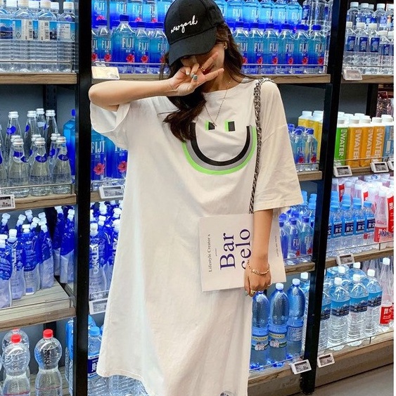 [littlecrab] Dress Kaos Oversize Bentuk Smile Black Live Matter Hitam Putih Neon Smily Baju Terusan Panjang Santai Simple Unik Elegan Berkualitas Emoticon Senyum Lengan Pendek Korean Style