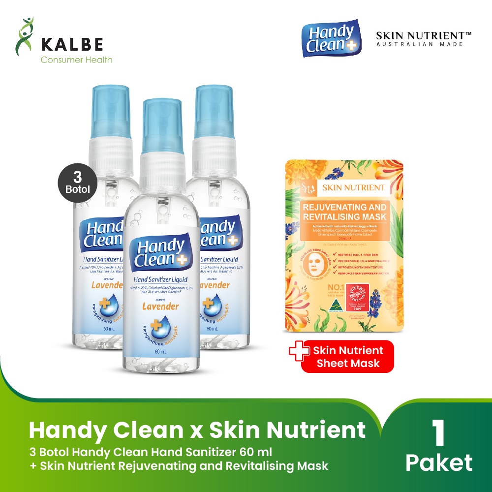 Handy Clean Hand Sanitizer 3 Botol @ 60 ml x Skin Nutrient Sheet Mask