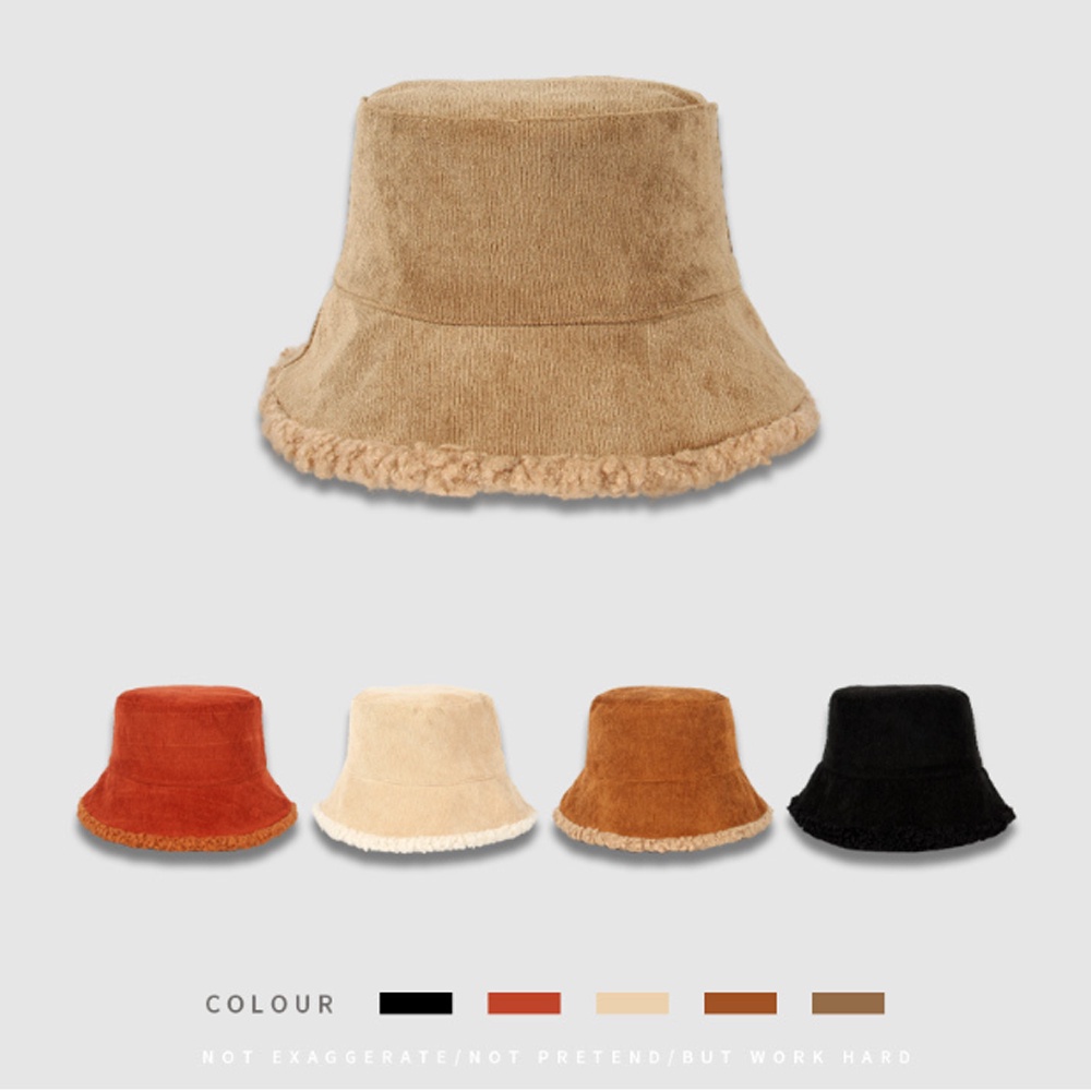 【COD Tangding】Topi Bucket Model Dua Sisi Bahan Bulu Domba Corduroy Tebal Hangat Gaya Korea Untuk Wanita