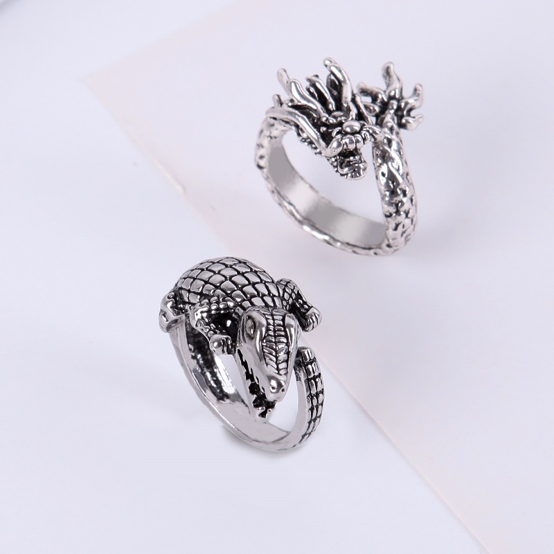 Cincin Model Terbuka Dapat Disesuaikan Desain Naga Hollow Gaya Vintage Punk Untuk Pria Dan Wanita