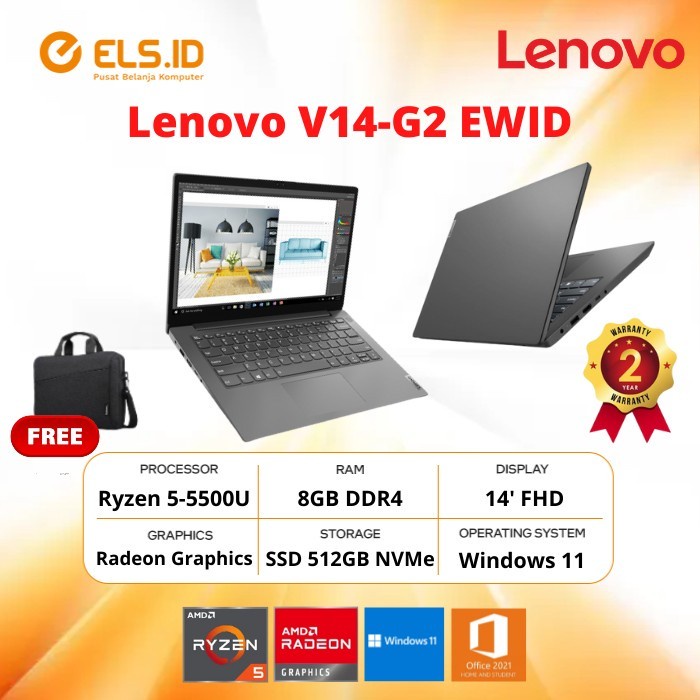 Laptop Lenovo V14-G2 EWID Ryzen 5-5500U 8GB SSD 512GB 14' FHD W11+OHS