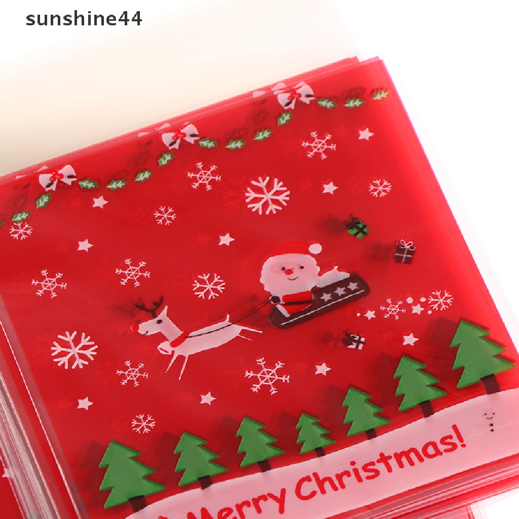 Sunshine 100Pcs 10X10Cm Kantong Plastik Permen / Kue Natal Dengan Perekat