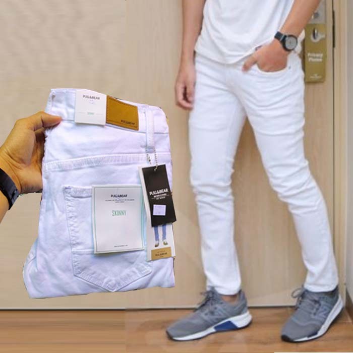 Celana Skinny jeans pria panjang putih bersih Pull & Bear Stretch - Putih, 31 (I9E9) Jumbo Bawahan P