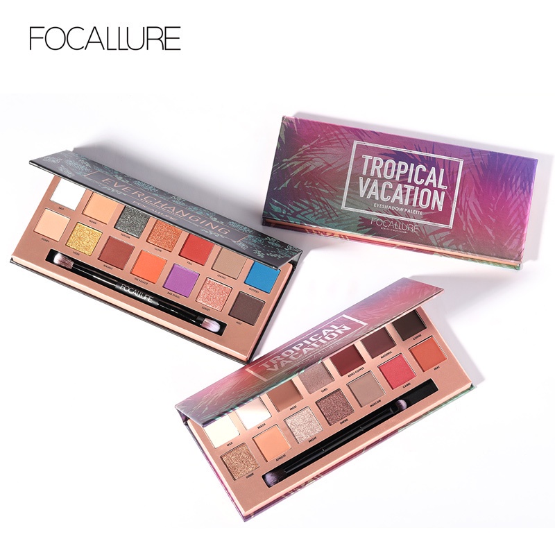 FOCALLURE FA49-T 14 Colors Eyeshadow Palette With Brush #Tropical Vacation Palet Kosmetik Alis High Pigment And Smooth P
