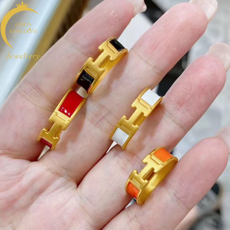 Goldkingdom Perhiasan Fashion Emas Asli Kadar 375 Bangkok Aksesoris Ready Stock Berlapis 3D-cincin Emas Dengan Enamel Merah Warna Drop Perekat Huruf H Cincin Yang Dapat Disesuaikan