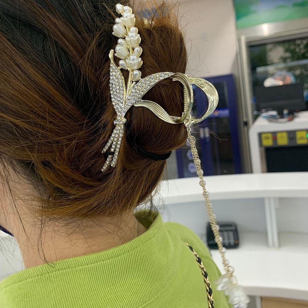 Needway  Padi Bunga Rambut Cakar Jepit Rambut Elegan Fashion Mutiara Untuk Gadis Ponytail Holder Hiasan Kepala Berlian Untuk Wanita Gaya Korea Hair Clip